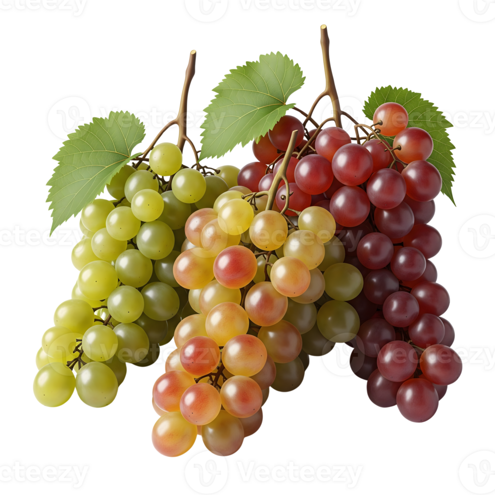 A vibrant trio of grape bunches in green, red, and purple hues, isolated against a white backdrop in a detailed studio shot isolated on transparent background png