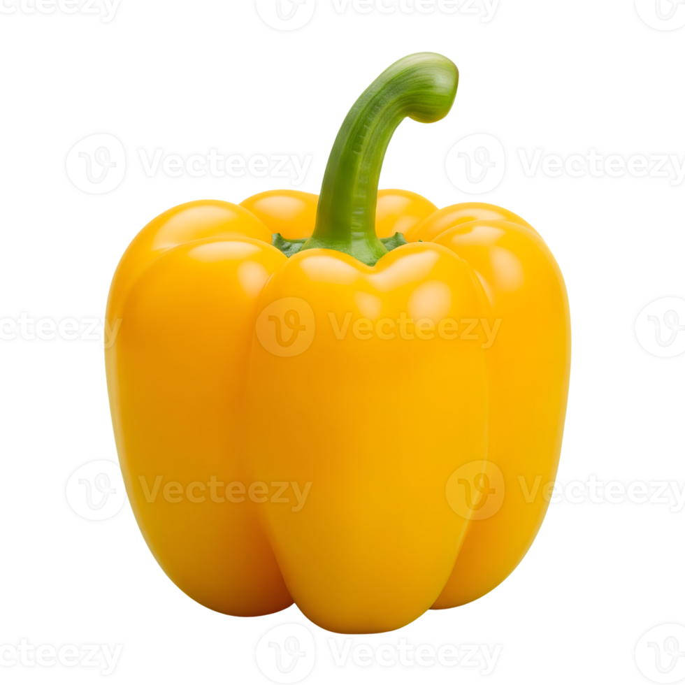 A vibrant yellow bell pepper stands alone, its smooth skin and green stem contrasting against a clean white backdrop isolated on transparent background png