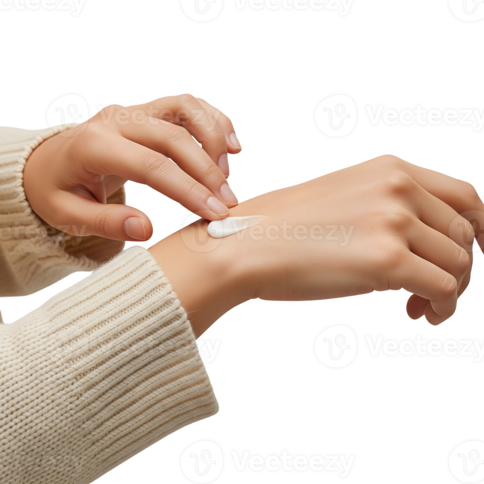 A woman is applying a moisturizing cream to her hand, gently massaging it into the skin for a soft, smooth, and hydrated feel isolated on transparent background png