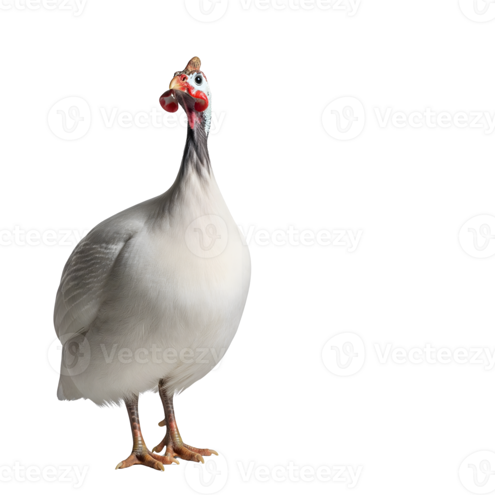 A white guineafowl stands gracefully, its feathers pristine, isolated on transparent background png
