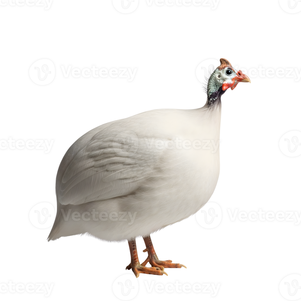A white guinea fowl stands gracefully, isolated on transparent background png