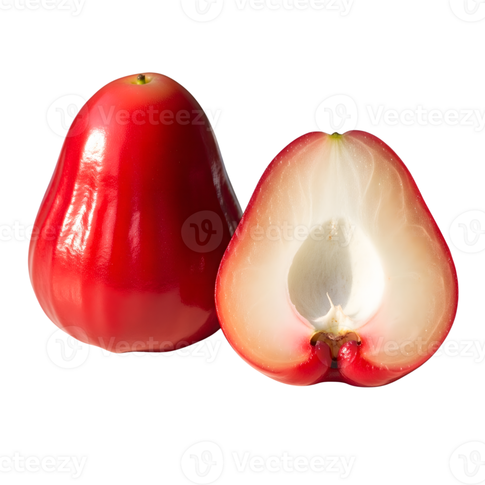 A whole and a halved rose apple are isolated on transparent background, showcasing their vibrant red color and juicy texture png