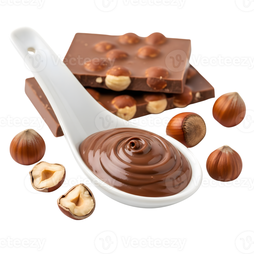 A white spoon filled with creamy hazelnut chocolate spread with chocolate pieces and hazelnuts isolated on transparent background png