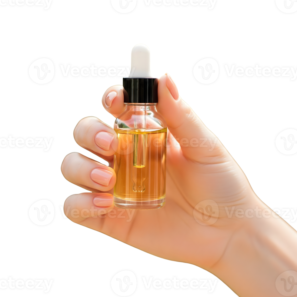 A womans hand holds a bottle of golden serum isolated on transparent background png