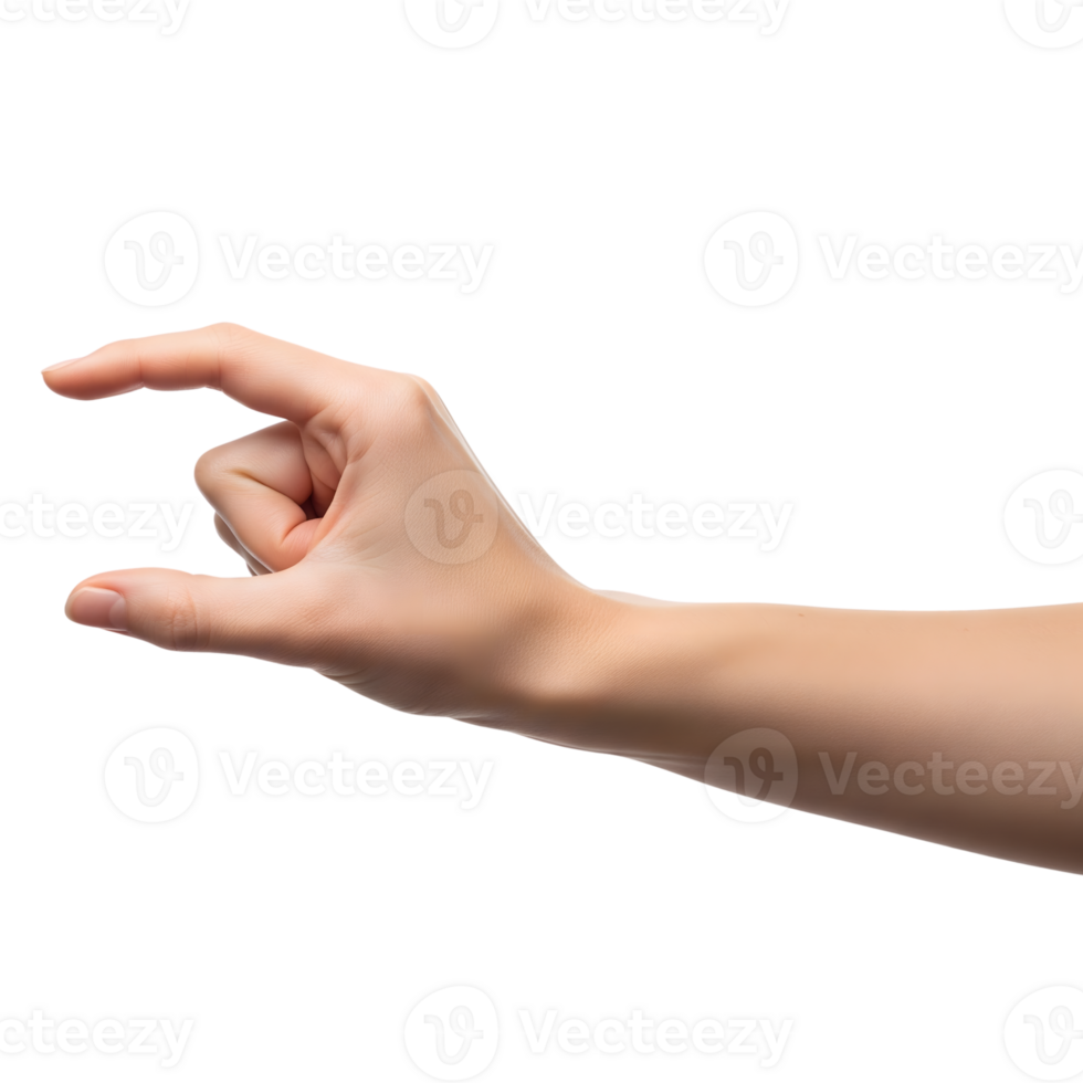 A womans hand is making a pinching gesture to indicate a small size, isolated on transparent background png