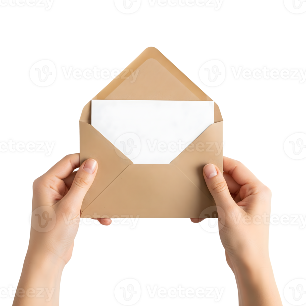 A womans hands hold an open kraft envelope with a blank white card isolated on transparent background png
