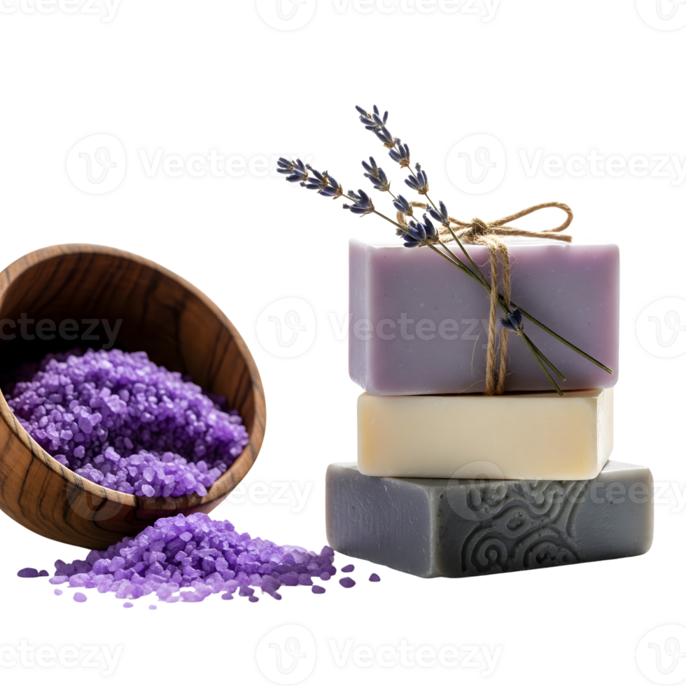Aromatic lavender soaps and bath salts in a rustic wooden bowl isolated on transparent background png