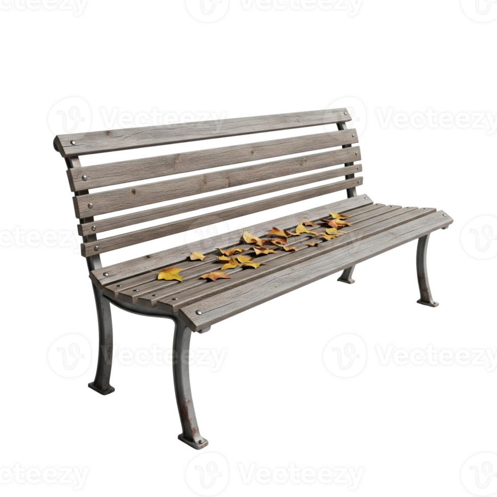 Autumn leaves scattered on a wooden bench isolated on transparent background png