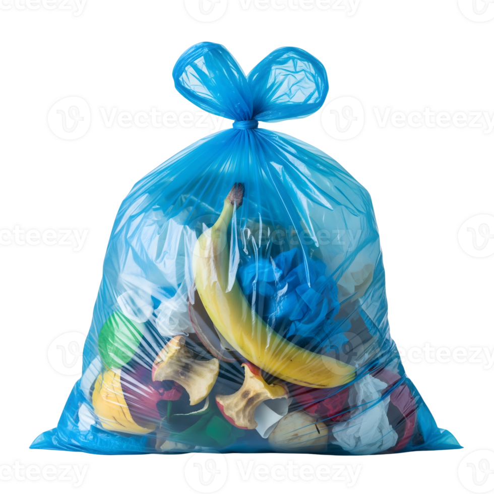 Blue garbage bag filled with household waste isolated on transparent background png