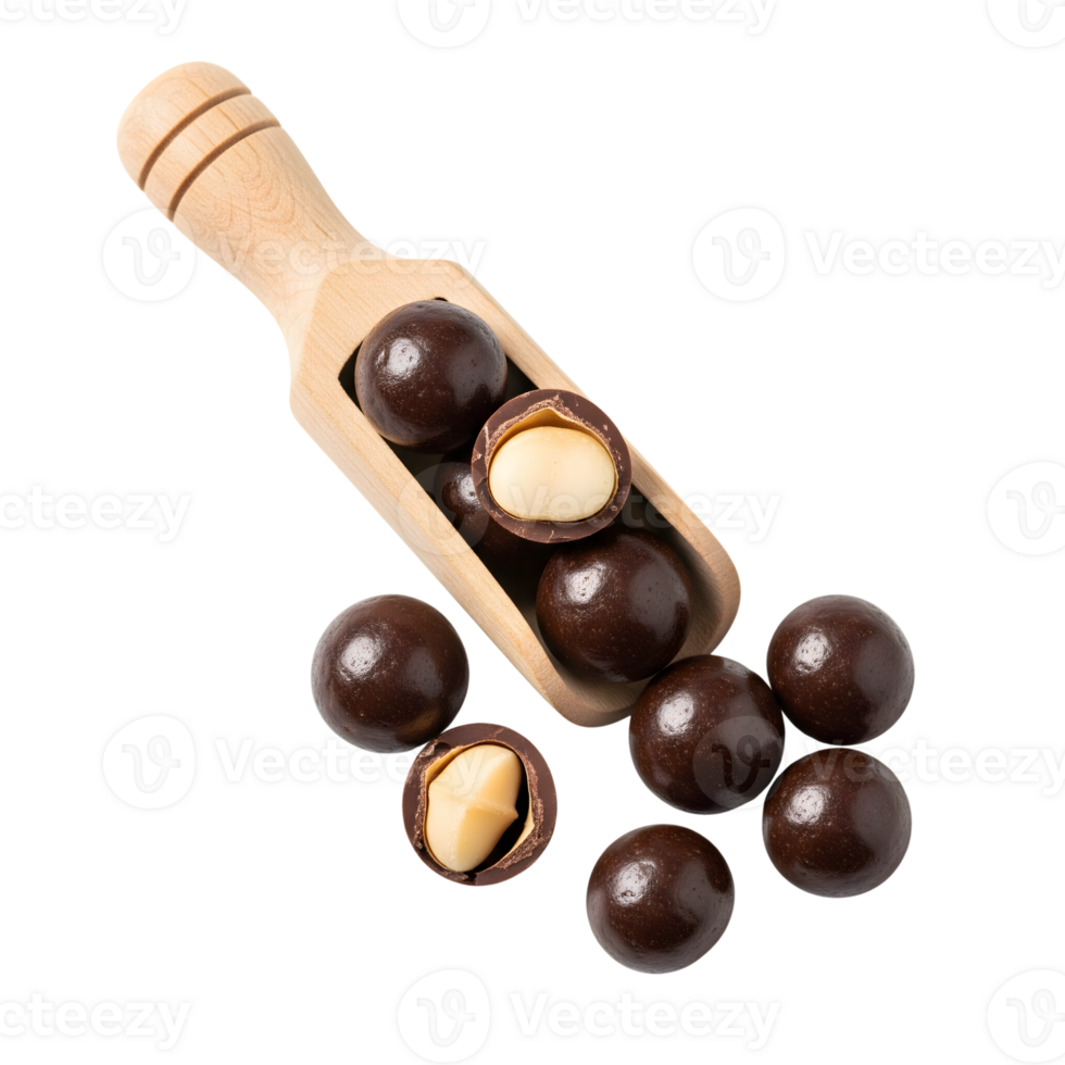 Chocolate covered macadamia nuts are arranged in a wooden scoop isolated on transparent background png