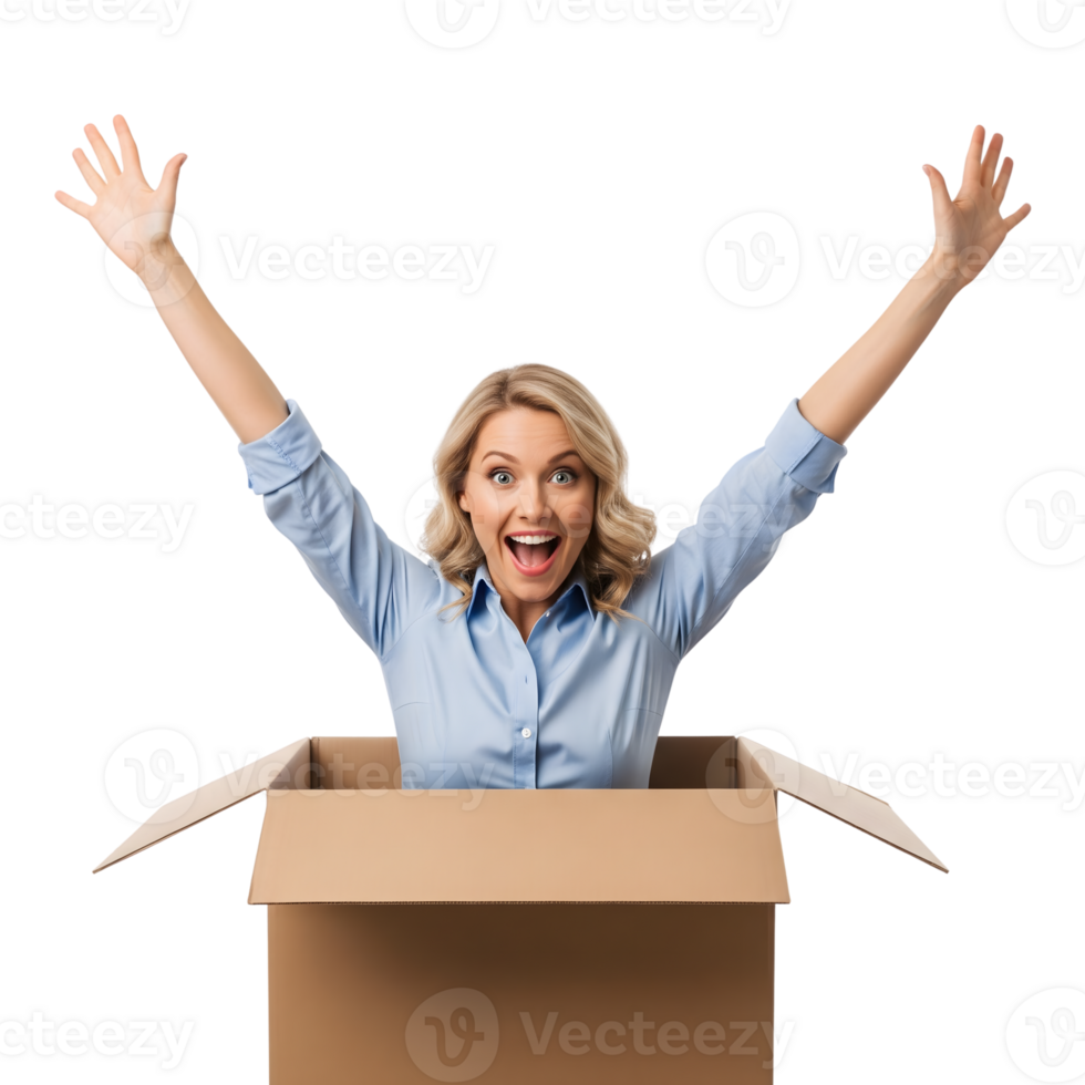 Excited woman with arms raised in a cardboard box isolated on transparent background png