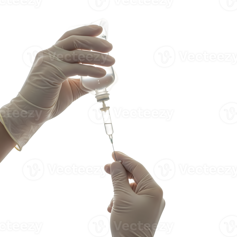 Gloved hands preparing an iv drip with saline solution, showcasing medical equipment and sterile procedure on a transparent background png