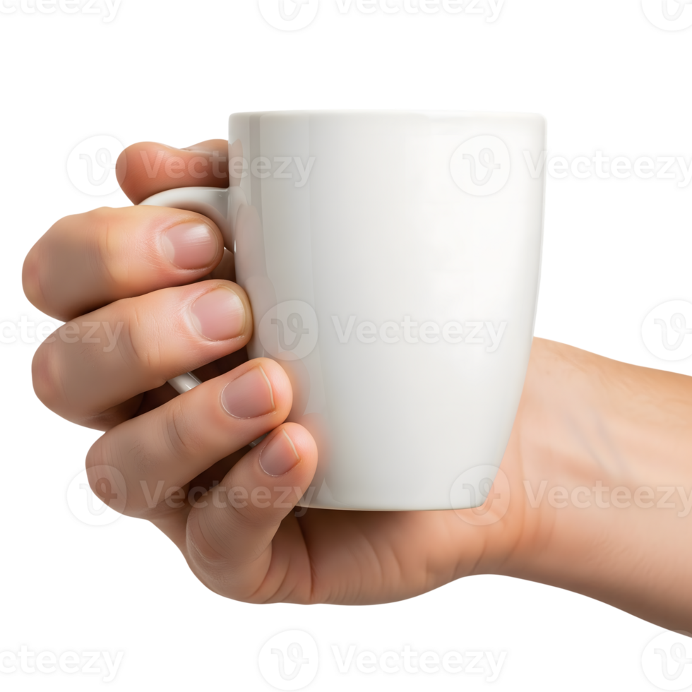 Hand holding a white ceramic mug isolated on transparent background png