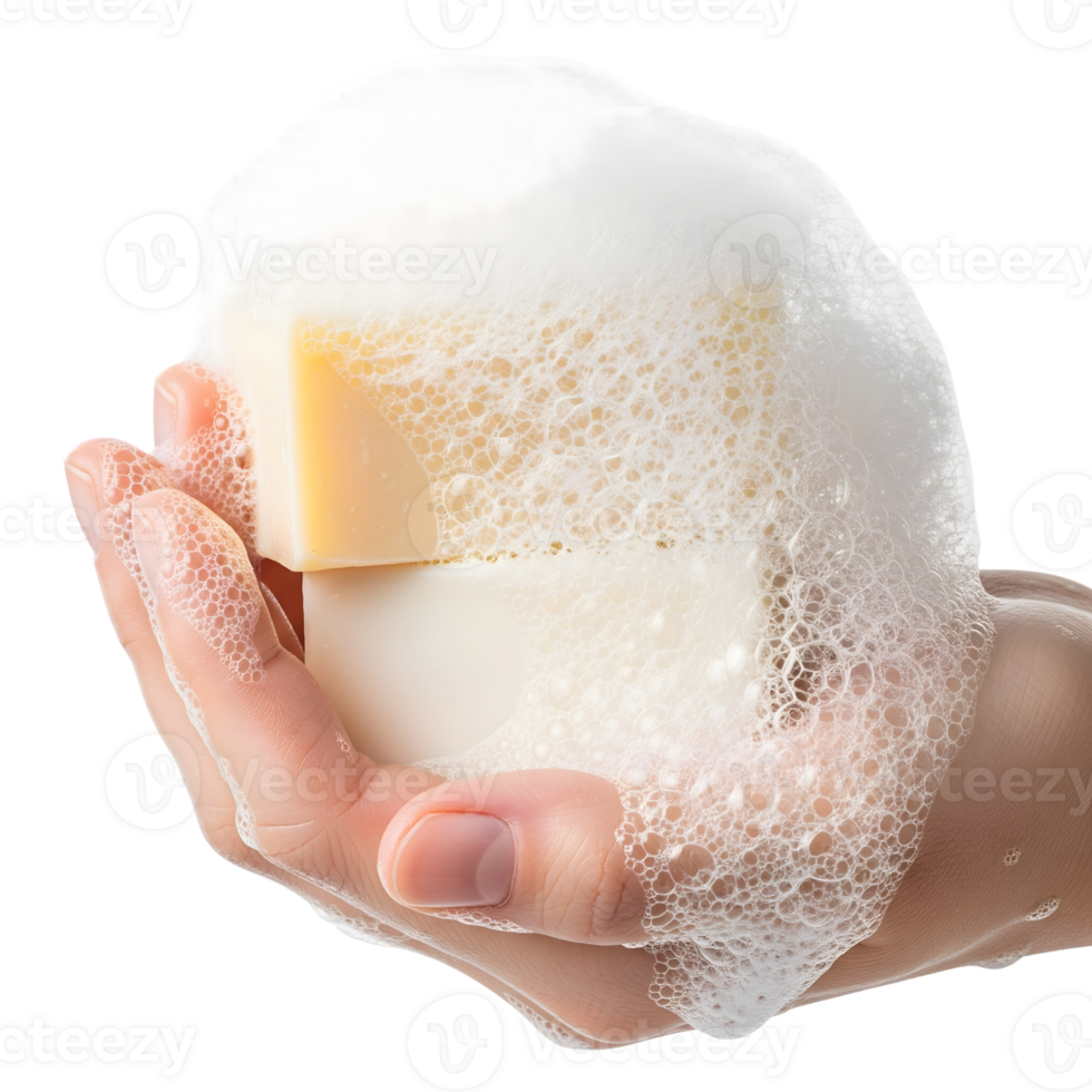 Hand holding two bars of soap covered in white foam isolated on transparent background png