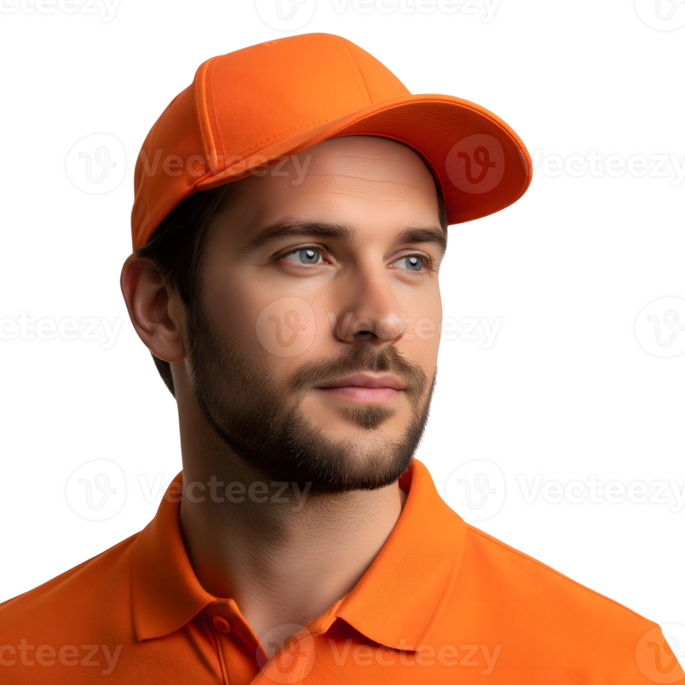 Handsome man in orange polo shirt and cap isolated on transparent background png