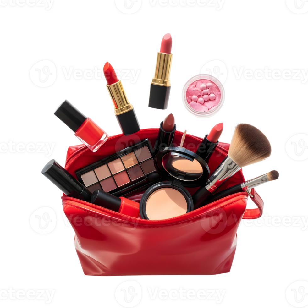 Makeup spilling out of a red cosmetic bag isolated on transparent background png