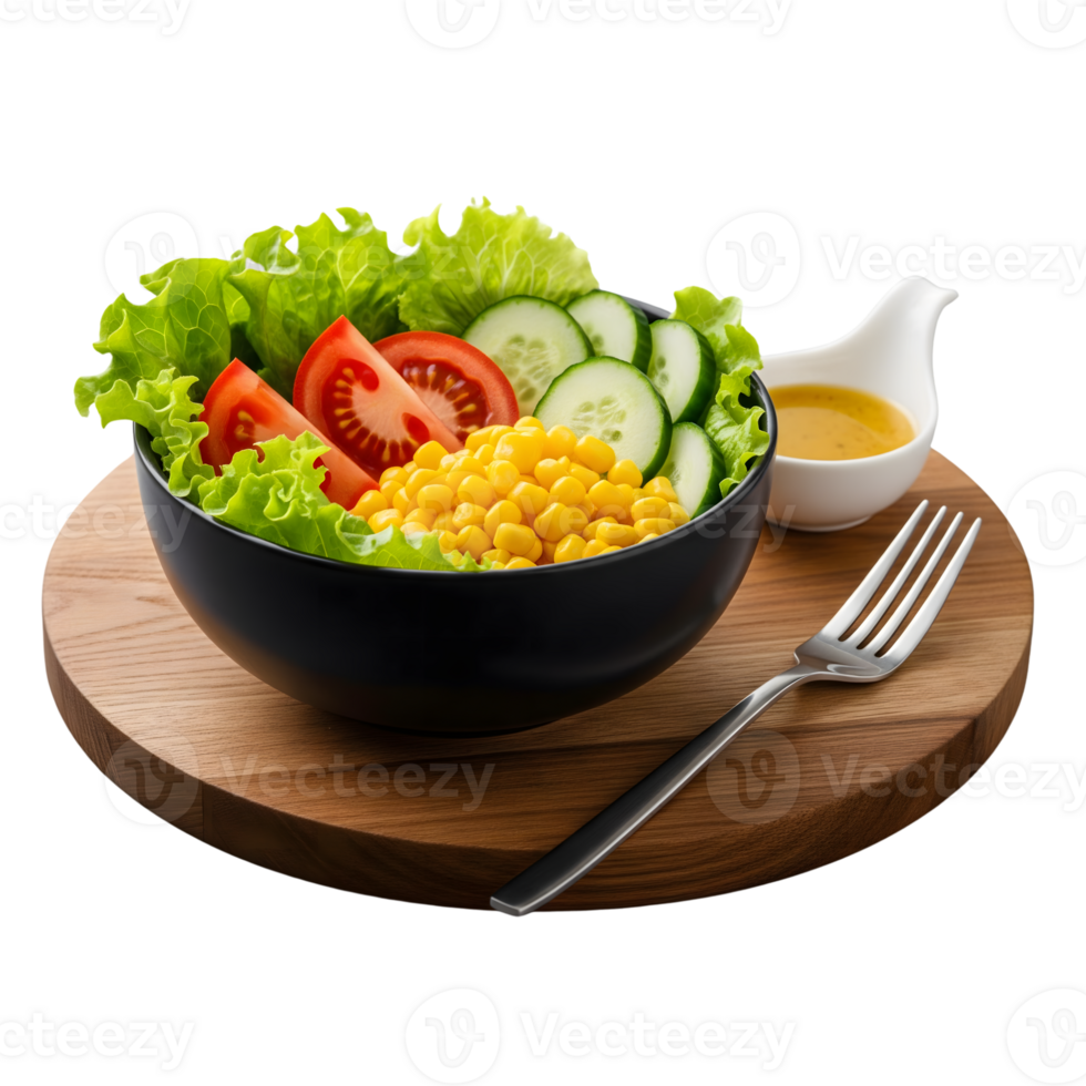 Fresh salad with corn, tomatoes, and cucumbers isolated on transparent background png