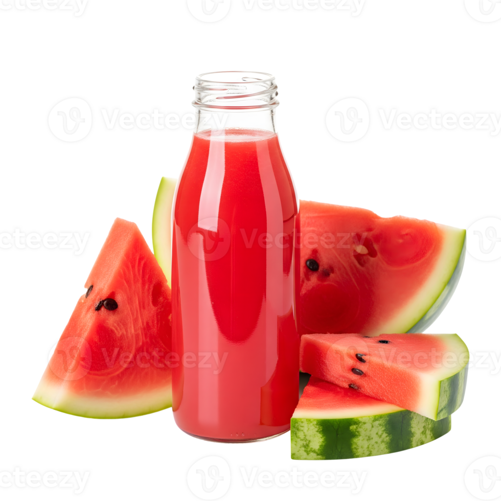 Fresh watermelon juice in a glass bottle isolated on transparent background with slices of watermelon png