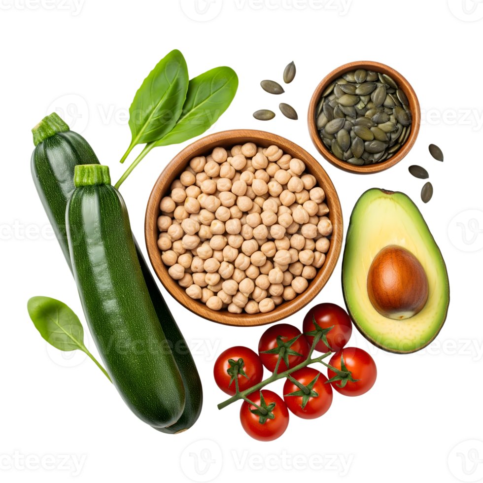 Fresh zucchini, chickpeas, avocado, and tomatoes are isolated on transparent background png