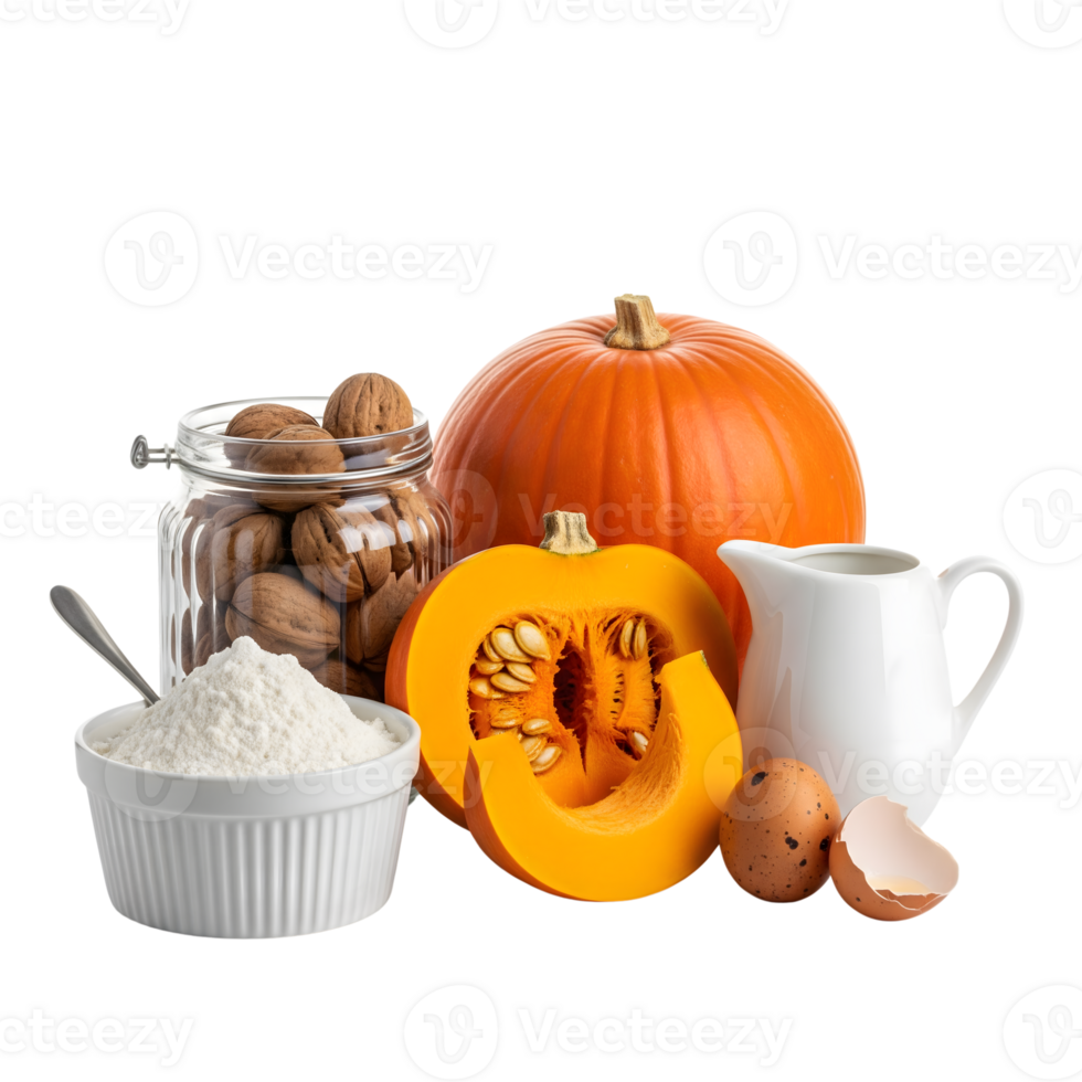 Pumpkin and baking ingredients are isolated on transparent background png