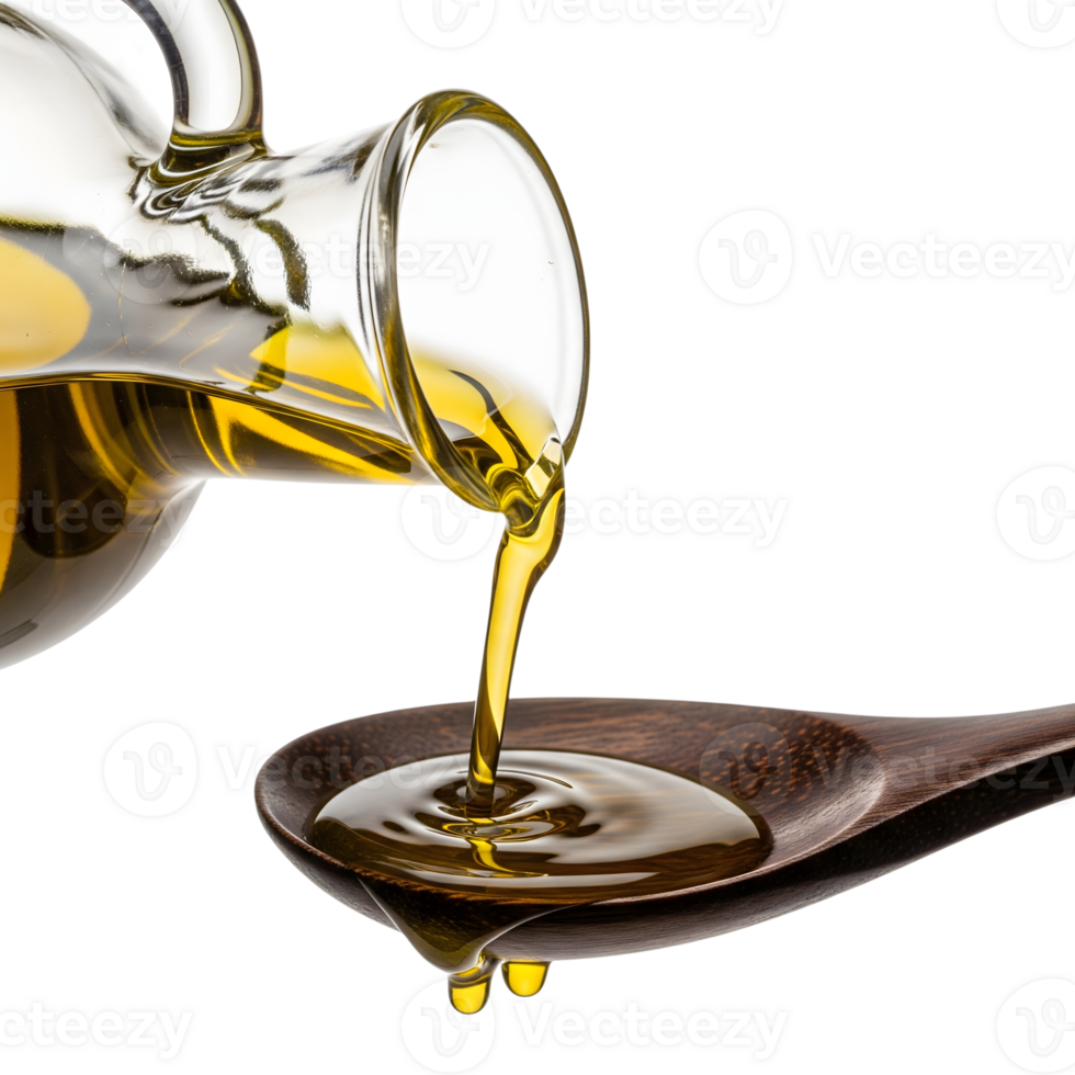 Olive oil is being poured from a glass bottle into a wooden spoon isolated on transparent background png
