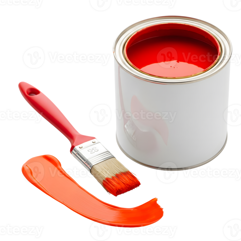 Red paint can with brush and stroke isolated on transparent background png