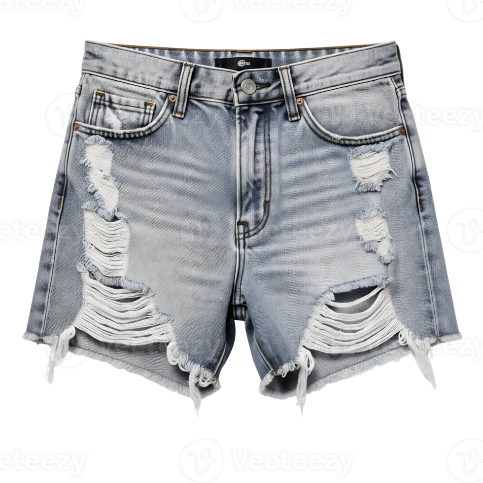 Ripped denim shorts are isolated on transparent background, showcasing a trendy and distressed style png