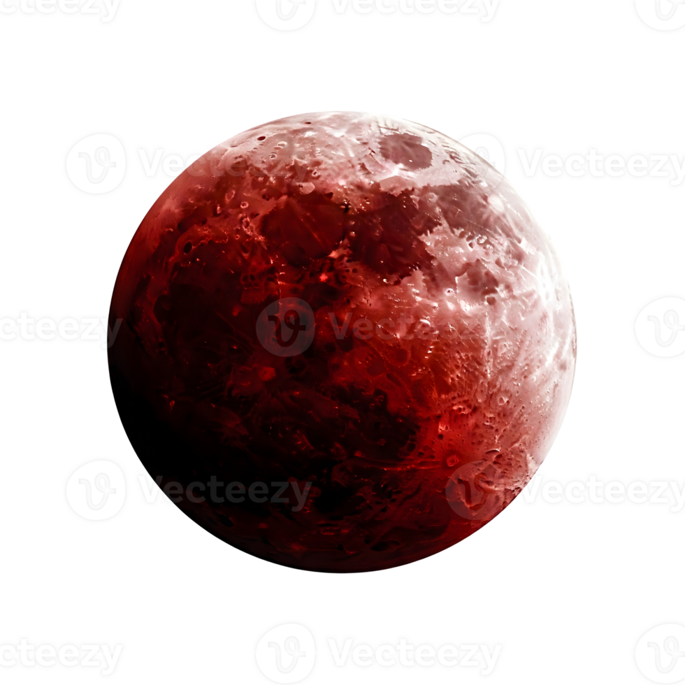 The red moon is isolated on transparent background, showing its cratered surface png
