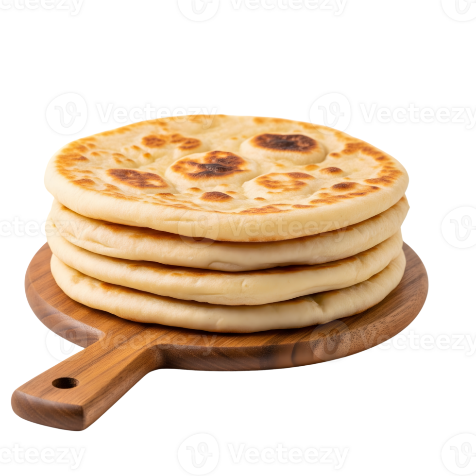 Stack of freshly baked naan bread is isolated on transparent background png