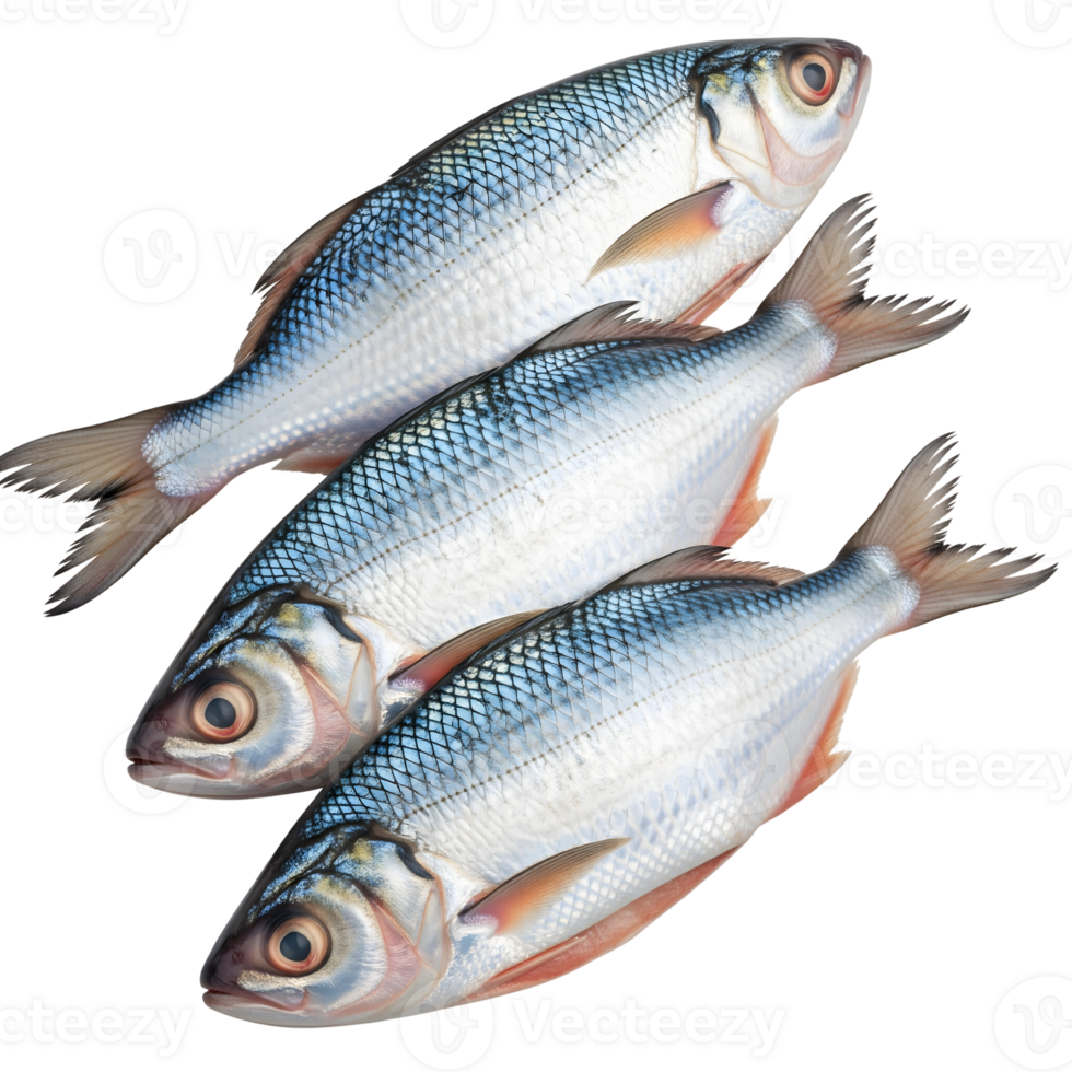 Three fresh silver fish with blue scales are stacked and isolated on transparent background, ready for cooking and consumption png