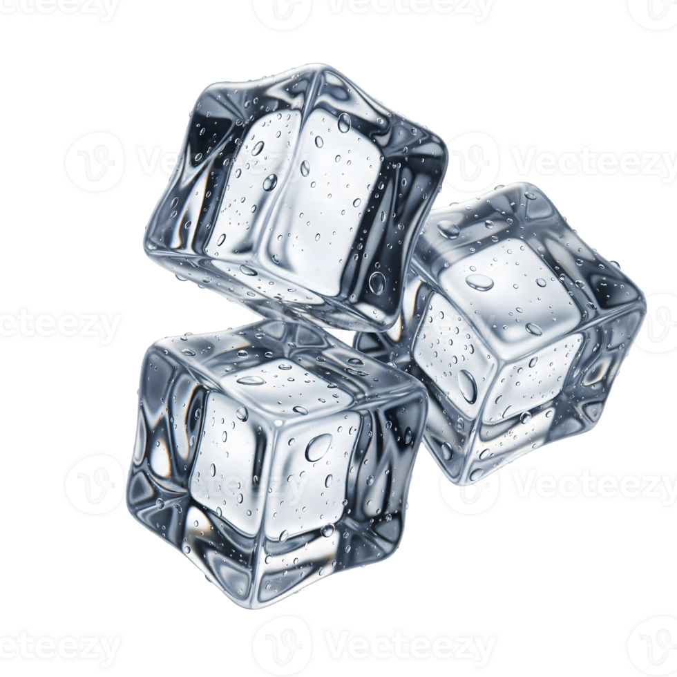 Three ice cubes with water droplets are isolated on transparent background png