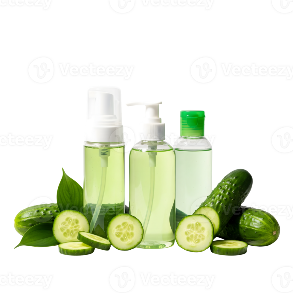 Three bottles of cucumber skincare products are surrounded by fresh cucumbers and slices, isolated on transparent background png