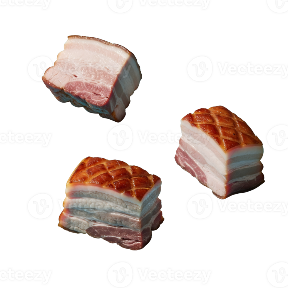 Three pieces of raw pork belly with layers of fat and meat are isolated against a white backdrop, showcasing culinary potential isolated on transparent background png