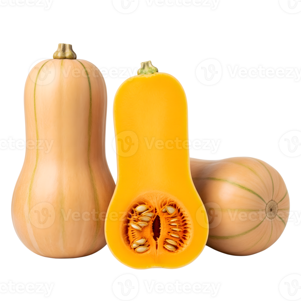 Three butternut squashes, one cut open to reveal seeds, isolated on transparent background png