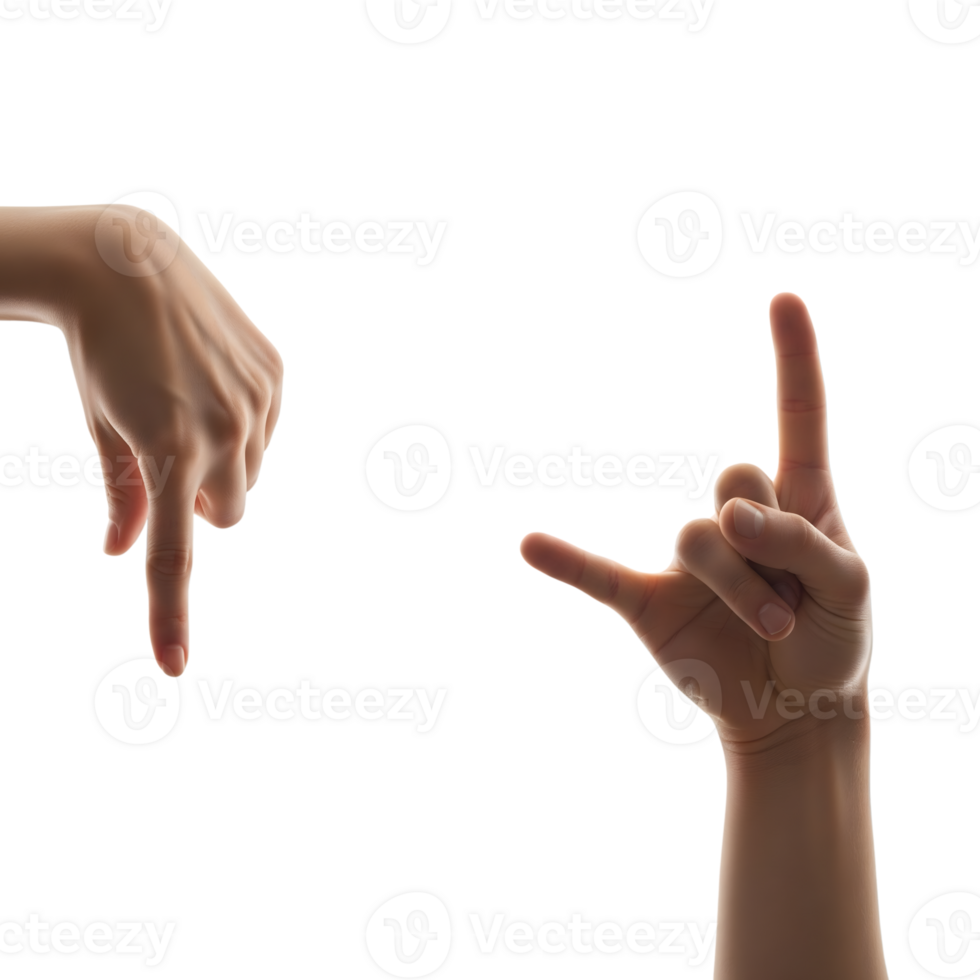 Two hands isolated on transparent background, one pointing down and the other making the rock and roll sign png