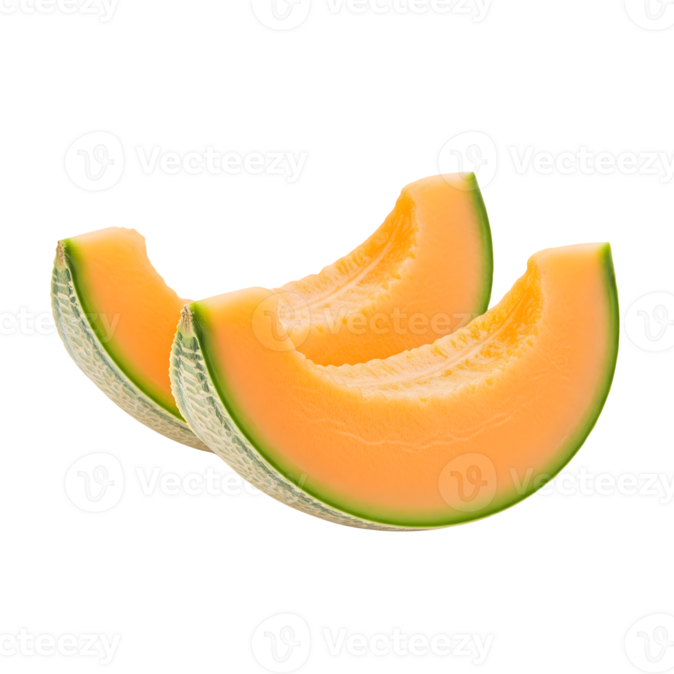 Two cantaloupe slices are isolated on transparent background png