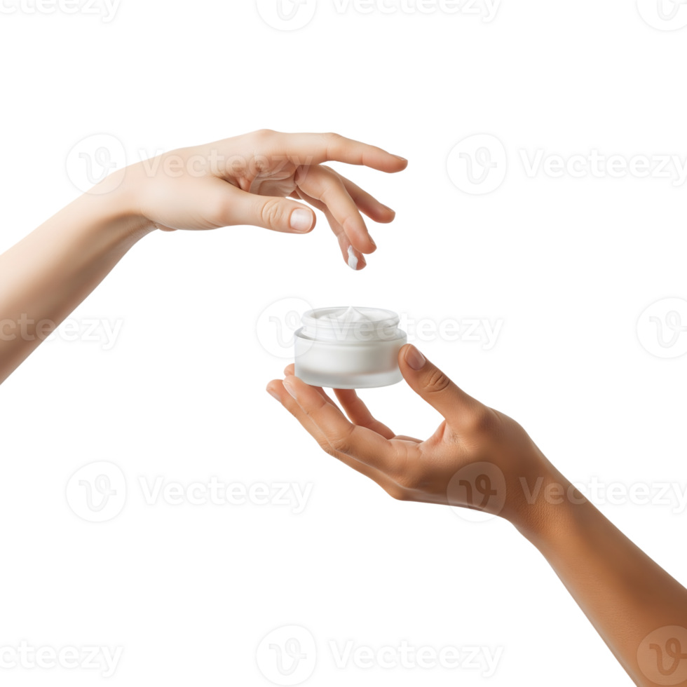 Two hands, one light and one dark, reach for a jar of white cream against a transparent background, symbolizing skincare and beauty png