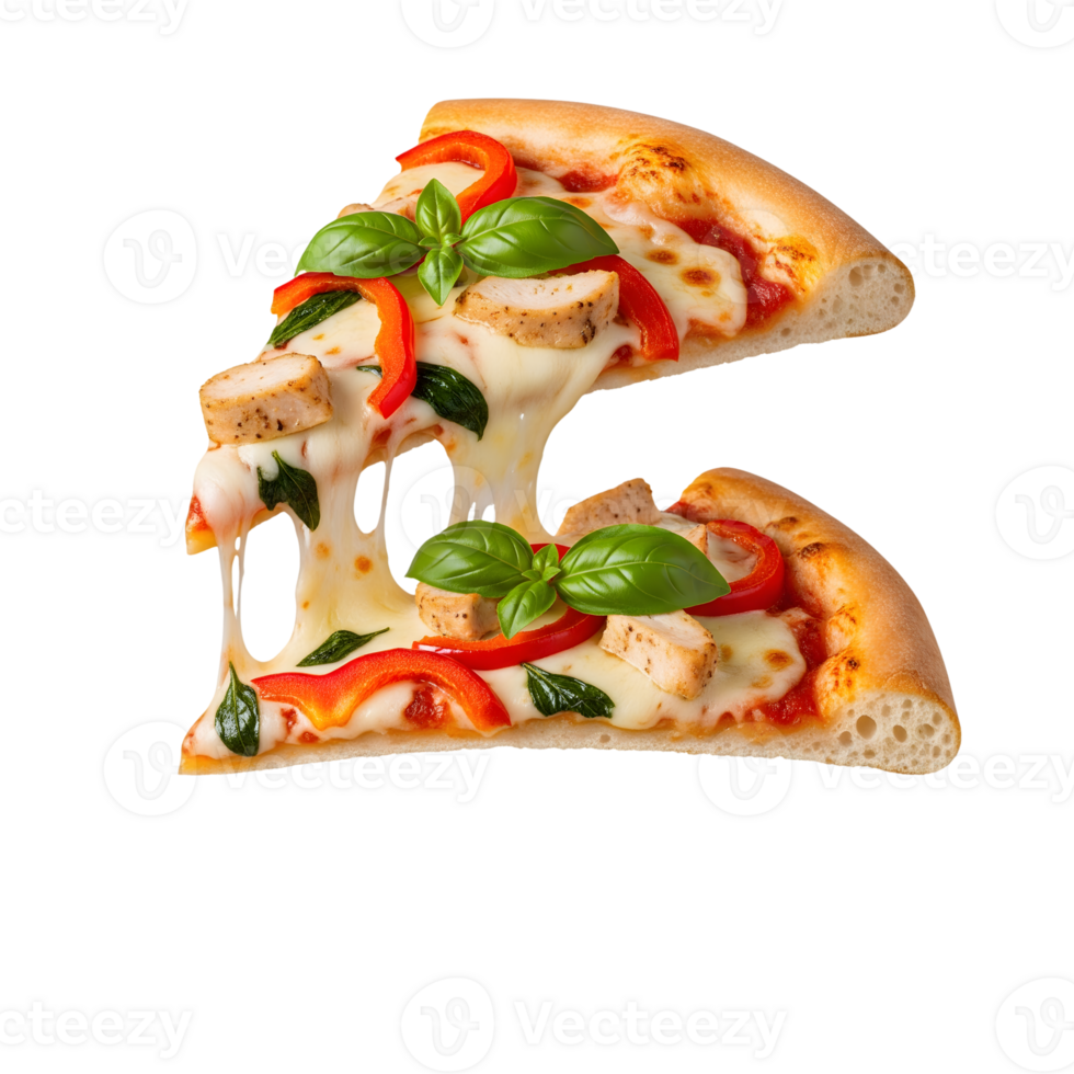 Two delicious slices of chicken pizza with basil and red pepper are isolated on transparent background png