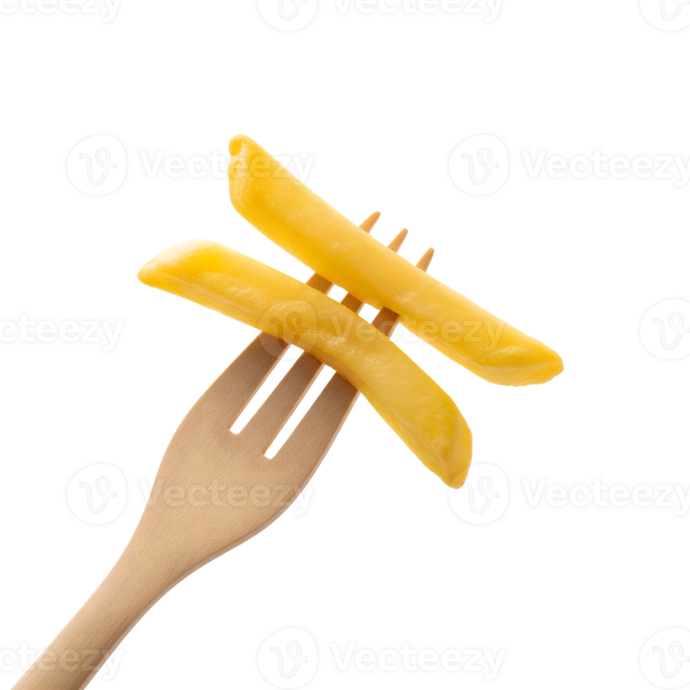 Two golden french fries are skewered on a wooden fork isolated on transparent background png