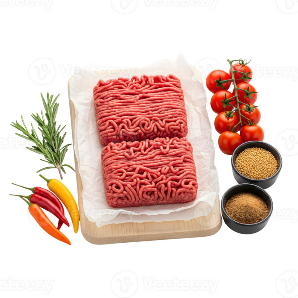 Two portions of fresh raw minced meat with tomatoes, chili peppers, and rosemary isolated on transparent background, ready for cooking png