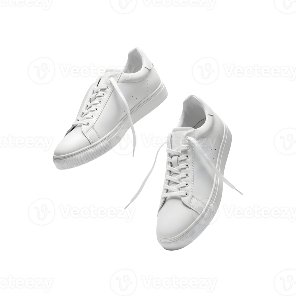Two white leather sneakers are isolated on transparent background png