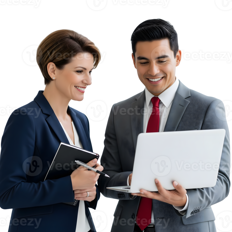 Two smiling business colleagues are collaborating on a project, looking at a laptop and taking notes, showcasing teamwork and professional success isolated on transparent background png