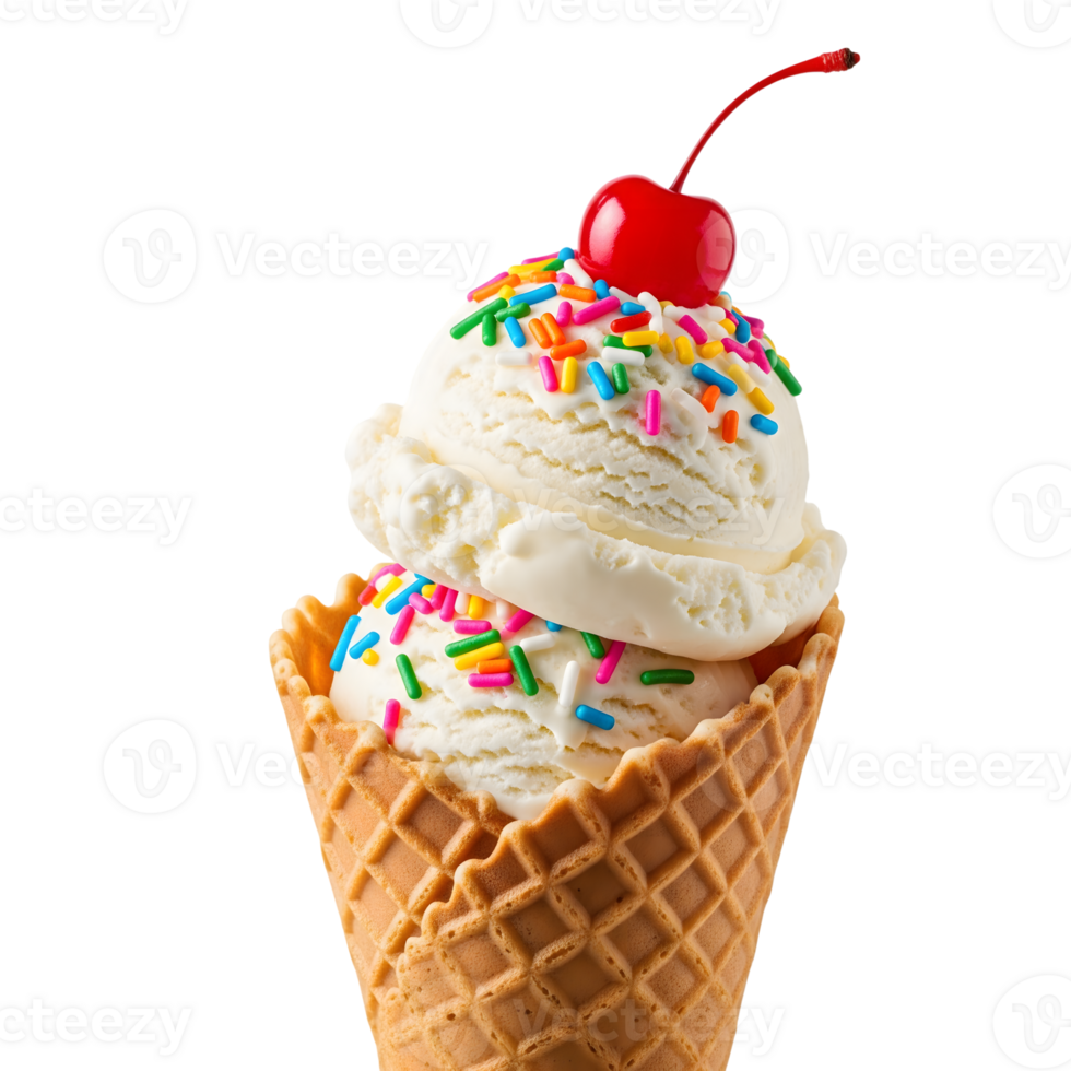 Vanilla ice cream cone with sprinkles and a cherry isolated on transparent background png