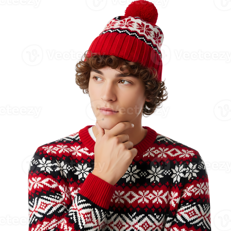 Young man in a red christmas sweater and hat poses isolated on transparent background png