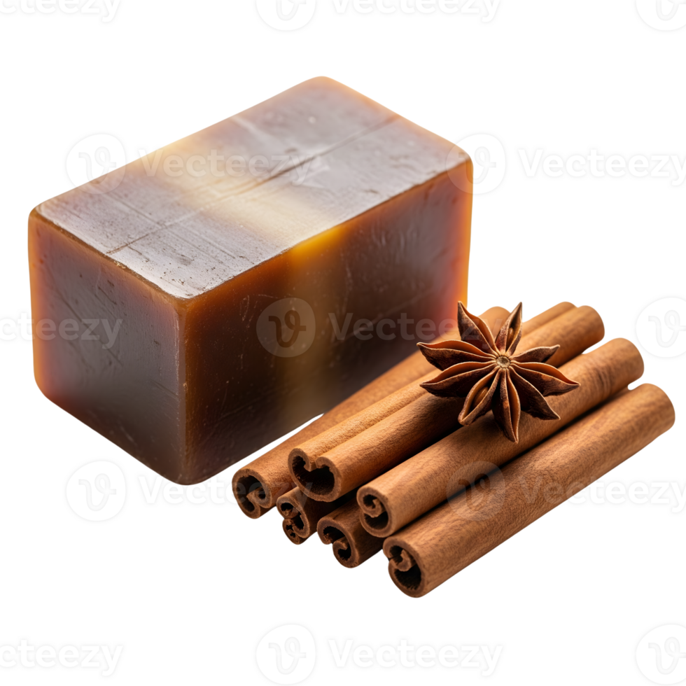 A bar of natural soap sits beside fragrant cinnamon sticks and a star anise, isolated on transparent background png