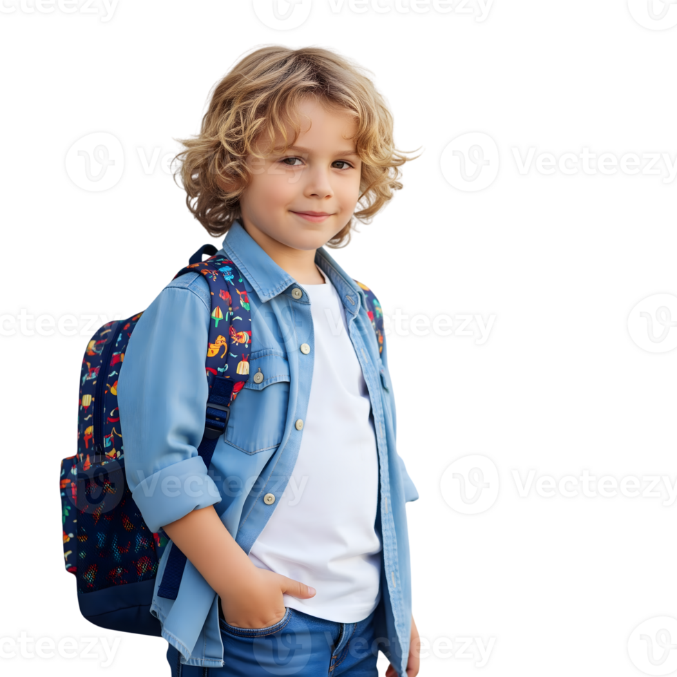 A cute blond schoolboy with a backpack is smiling on an isolated transparent background, ready for a day of learning and adventure png