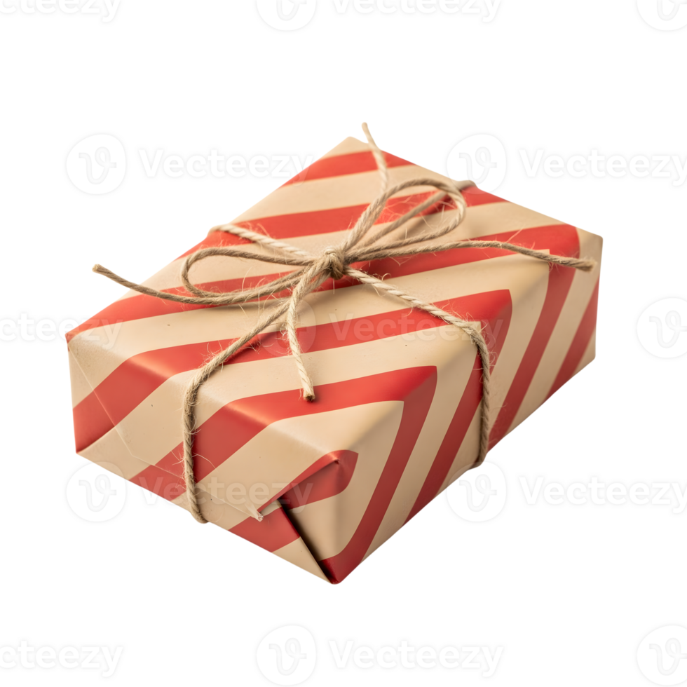 A beautifully wrapped gift with red stripes and a rustic twine bow isolated on transparent background png