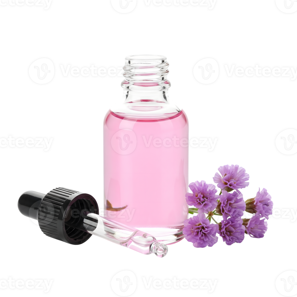 A bottle of pink essential oil with a dropper and lavender flowers isolated on transparent background png