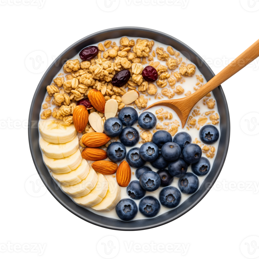 A bowl of granola with milk, banana slices, blueberries, and almonds, served with a wooden spoon isolated on transparent background png