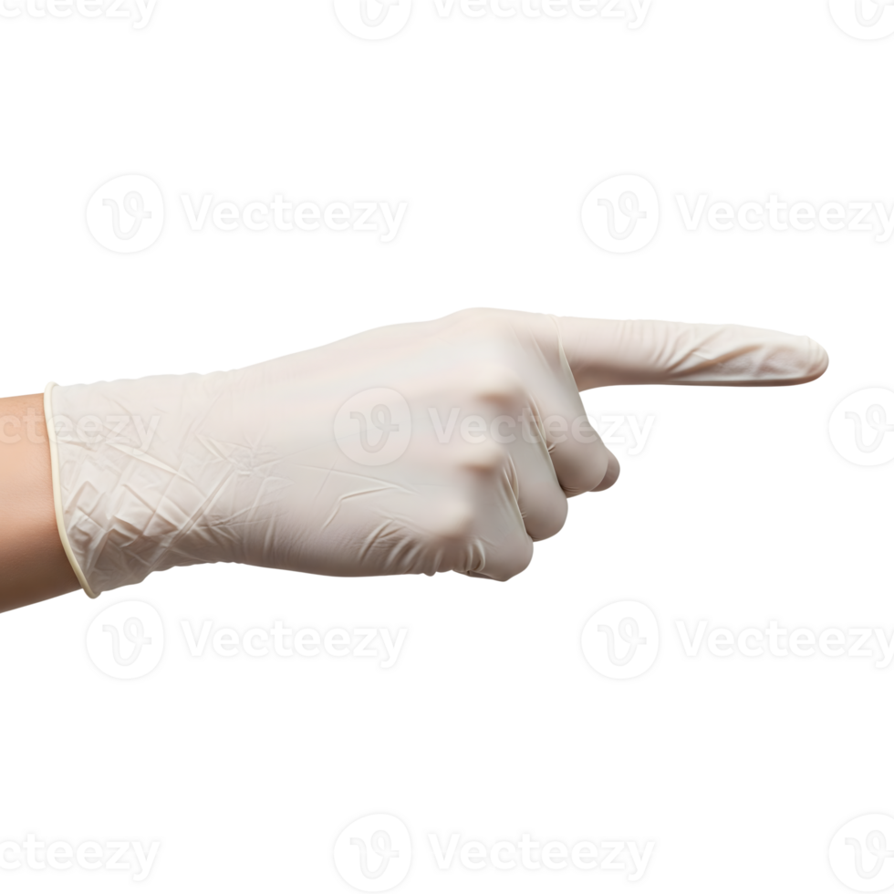 A hand wearing a white latex glove is pointing to the right, isolated on transparent background png